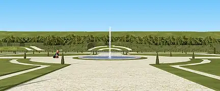 Vue restituée des jardins du château de Villennes, en regardant le deuxième belvédère, début XVIIIe