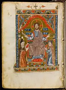 Le Christ, le scribe et le donateur , évangéliaire du monastère de Drazark, 1342, bibliothèque Chester-Beatty.