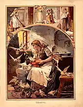 Illustration avec trois vignettes : l'une où une jeune fille vêtue de haillons passe le balai, la seconde où elle pleure sur le pas de la porte alors qu'un groupe de trois femmes richement parées s'éloigne, et la dernière où, seule dans une cuisine, elle donne à manger à des oiseaux.