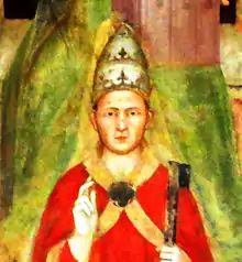 Portrait d'un pape portant la tiare et le manteau rouge.