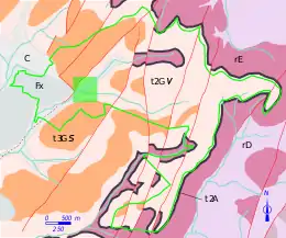 Carte en couleurs montrant le zonage géologique d'un territoire.