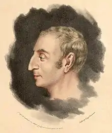Dessin du buste d'un homme regardant vers sa gauche, cheveux noirs, visage aux traits fins, nez allongé.