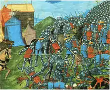 Miniature montrant des soldats en armure se battre et notamment un roi en tuant un autre.