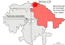Le schéma présente l'étendue de la mine, avec une zone en rouge, située au nord-est de la mine, qui représente la zone de l'effondrement. Un point rouge au nord marque l'emplacement de la section n°10, tandis qu'un point gris au centre-ouest de la mine correspond à la position du puits de mine.