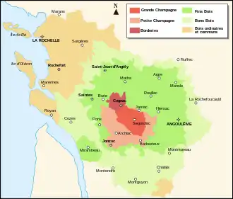 Carte des différentes zones de production du cognac et du pineau dans les deux Charentes : Royan est en bois ordinaires et communs