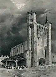 Lithographie noir et blanc figurant la façade et un coté d'une collégiale.