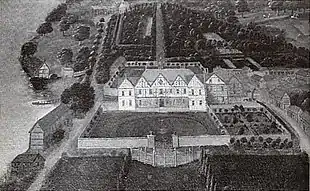 Peinture représentant une vaste maison au bord d'un lac.