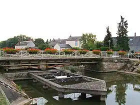 Photo couleurs. Le pont tournant de Combleux est vu de côté. Il est constitué d’une poutre métallique ajourée reposant sur une articulation. Au droit de celle-ci on devine l’emplacement du mécanisme faisant pivoter l’ouvrage. Devant se situe une sorte d’estacade. Les garde-corps du pont portent des pots de fleurs rouges.