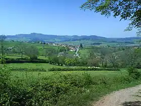 La photgraphie couleur représente un paysage vallonné et des parcelles de pâturages entourées de haies. Les arbres dénudés montrent qu'il s'agît de l'hiver et l'herbe est bien verte.