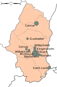 Carte du Haut Rhin, qui représente ses communes de plus de 10 000 habitants.