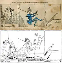 Trois cases de bande dessinée en noir et blanc extraites de Les amours de M. Vieux-bois de Rodolphe Töpffer sous trois cases quasi-identiques tirées de The Adventures of Obadiah Oldbuck en couleur montrant le plagiat du premier par le second.