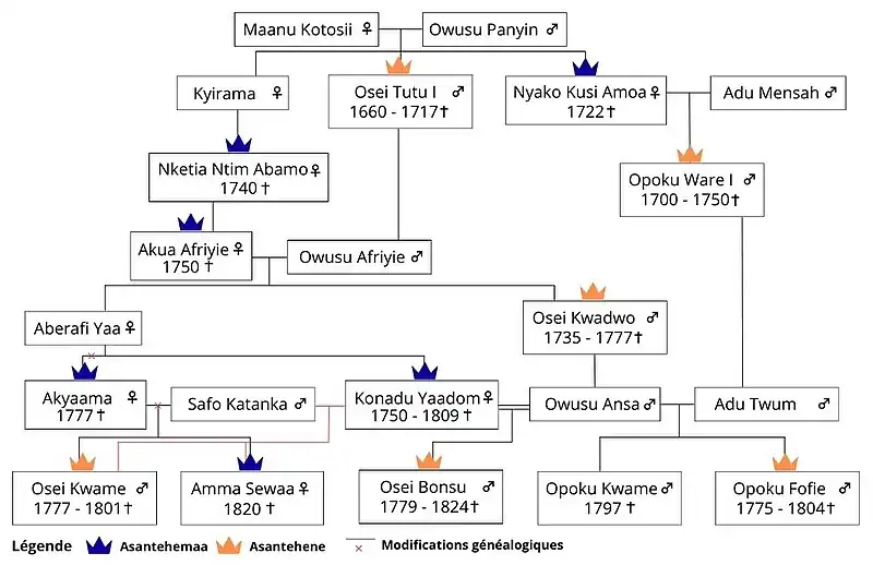 Arbre généalogique simplifié pointant la lignée depuis les premiers asantehemaa et asantehene jusqu'à Opoku Fofie et aux principaux enfants de sa fratrie adoptive et utérine : Osei Kwame, Amaa Sewaa, Osei Bonsu et Opoku Kwame.