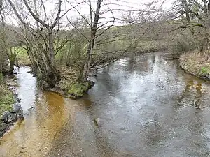 Confluence du ruisseau de l'étang des Landes (à gauche) avec la Voueize au pont Bredeix à Lussat.