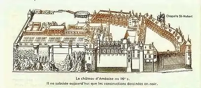 Vue cavalière du Château d'Amboise montrant les destructions des années 1806-1810  (Jacques Ier Androuet du Cerceau, « Les plus excellents bastiments de France »).