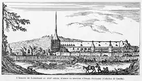 L'abbaye de Longchamp au XVIIe siècle, d'apres la gravure d'Israël Silvestre. En arrière-plan, le calvaire du mont Valérien.