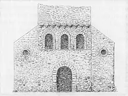 Dessin en noir en blanc de la façade d'une église.