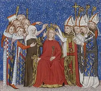Jeanne de Bourbon  lors de son couronnement, tenant dans la main droite le sceptre de Dagobert et dans la gauche le sceptre à la Rose (enluminure - 1364).