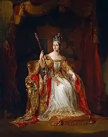 Portrait d'une reine assise sur son trône et portant tous les attributs du règne.