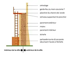Dessin en couleurs représentant la coupe d'un mur fortifié et ses aménagements.