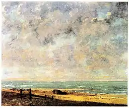 Mer -  Gustave Courbet - La ligne d'horizon est clairement une ligne de fuite de la perspective. L'absence de lignes droites fuyant vers l'infini rend difficile d'affirmer si l'horizon est ou non ligne de fuite principale. Si vous partagez le sentiment que la mer y est peinte selon une vue en légère plongée, c'est-à-dire que l'artiste est situé sur un promontoire, alors l'horizon de ce tableau n'est pas pour vous une ligne principale.