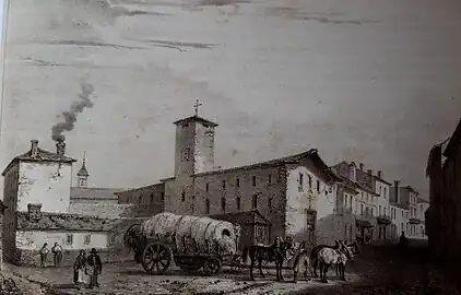 L'ancienne église et couvent des Barnabites, vus depuis l'angle de la place de la Grande-Fontaine. Lithographie par Aumont, d'après Philippe, parue dans La Guienne historique et monumentale, d'Alexandre Ducourneau, en 1844.