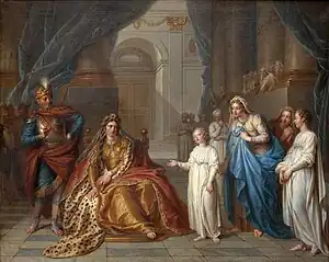 peinture : dans un palais à colonnades, au centre, une femme assise et richement habillée, fixe son regard désapprobateur ou torve sur un enfant vêtu de blanc, placé sur sa gauche. La main de l’enfant est tendue, paume en l'air, son regard est tourné vers le ciel et il s'exprime devant un public attentif. Il est accompagné de trois jeunes femmes. À gauche un groupe de gardes portant des lances et un homme plus proche de la femme tient sa main en l'air.