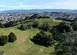Vue du cratère de Maungakiekie/One Tree Hill avec Auckland au second plan.