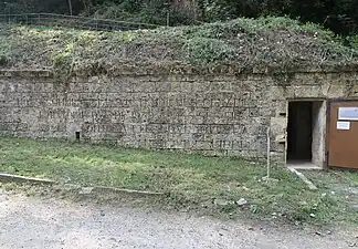Inscription sur la façade de la crypte provisoire : « Nous sommes ici pour témoigner devant l'Histoire que de 1939 à 1945 ses fils ont lutté pour que la France vive libre ».
