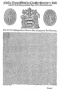 Incipit et titre de la bulle pontificale du pape Paul IV, Cum nimis absurdum, publiée en 1555 : « "Comme il est absurde" et totalement inopportun que les Juifs, qui, en raison de leur propre faute... »