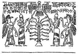 Copie de l'empreinte du sceau-cylindre du roi Mushezib-Ninurta de Shadikanni, vassal de l'Assyrie, reproduisant la scène du panneau central de la salle du trône du palais nord-ouest de Nimroud et contribuant ainsi à la diffusion de l'imagerie royale assyrienne.