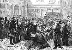 Dépècement d'un cheval sur la voie publique pendant le siège de Paris.