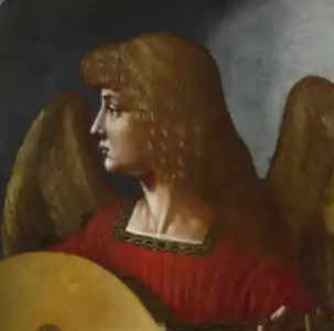 Peinture. Tête d'un personnage au visage de profil tourné vers la gauche.