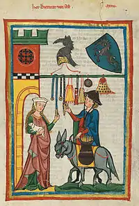 Planche 64r : Le seigneur Dietmar von Aist (de), avec une mule, symbole du voyageur. L'écusson contient une licorne.