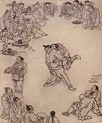 Peinture représentant deux hommes à la lutte, entourés d'une quinzaine d'autres hommes assis et debout assistant au spectacle.