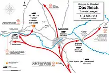 Carte en couleurs du déploiement de la 2e division SS « Das Reich » dans la zone de Limoges