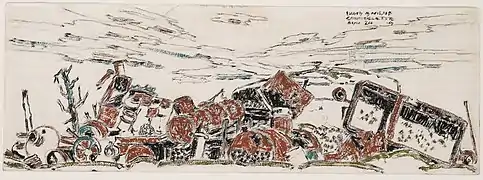 Dessin aquarellé de David Milne : La sucrerie de Courcelette (août 1919)