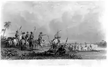 Dessin noir et blanc de cavaliers avec des lances.