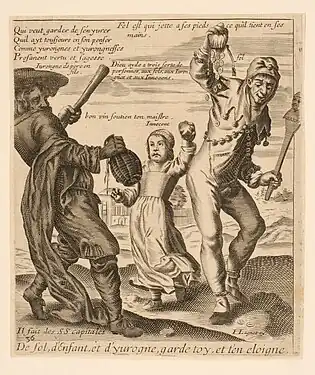 Gravure à l'eau-forte représentant une scène avec trois personnages : deux hommes et un enfant symbolisant l'ivresse, la luxure et la calomnie. Une architecture se trouve dans le fond de la gravure.