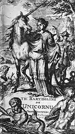 Gravure avec texte en bas homme et licorne au centre