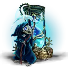 Image d'un petit squelette de rat portant une cape noire et une faux, sur fond d'un sablier bleu.