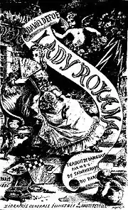 noir et blanc, composition savante avec parchemin déroulée ondulant au centre et diverses illustrations allégoriques