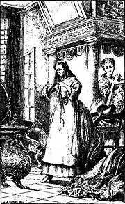 femme non encore coiffée à sa toilette, assistée d'une jeune fille préparant une lourde robe à droite