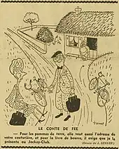 Un couple bien habillé à côté de leurs vélos à la campagne. Le paysan exige l'adresse de leur couturière et entrer au Jockey-Club