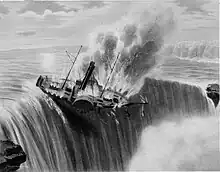 Gravure représentant la destruction du Caroline, bateau à vapeur américain, par les britanniques en décembre 1837