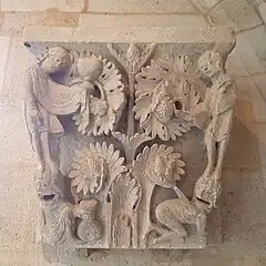 Judas sur l'Avarice à la bourse, tend le calice à la Synagogue hissée sur un autre démon.