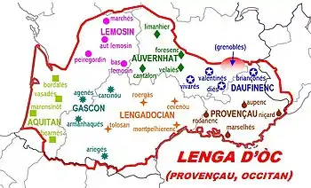 Dialectes de l'occitan selon Frédéric Mistral.