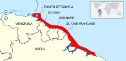 Carte du nord de l'Amérique du Sud, avec en rouge les zones côtières de Trinité-et-Tobago, du Guyana, Suriname, Guyane française et la côte nord du Brésil