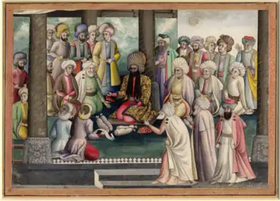 Distribution de cadeaux du shah sultan Husayn pour la nouvelle année, vers 1720-1721. British Museum, département du Moyen-Orient.