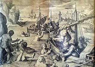 Philippe Galle, La Pêche au corail, gravure d'après Jan van der Straet (XVIIe siècle).