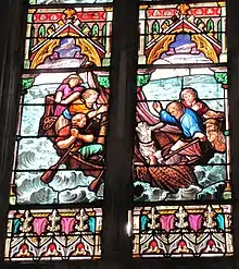 Récupération de la statue dans l'estuaire, selon le vitrail du XIXe siècle de l'église